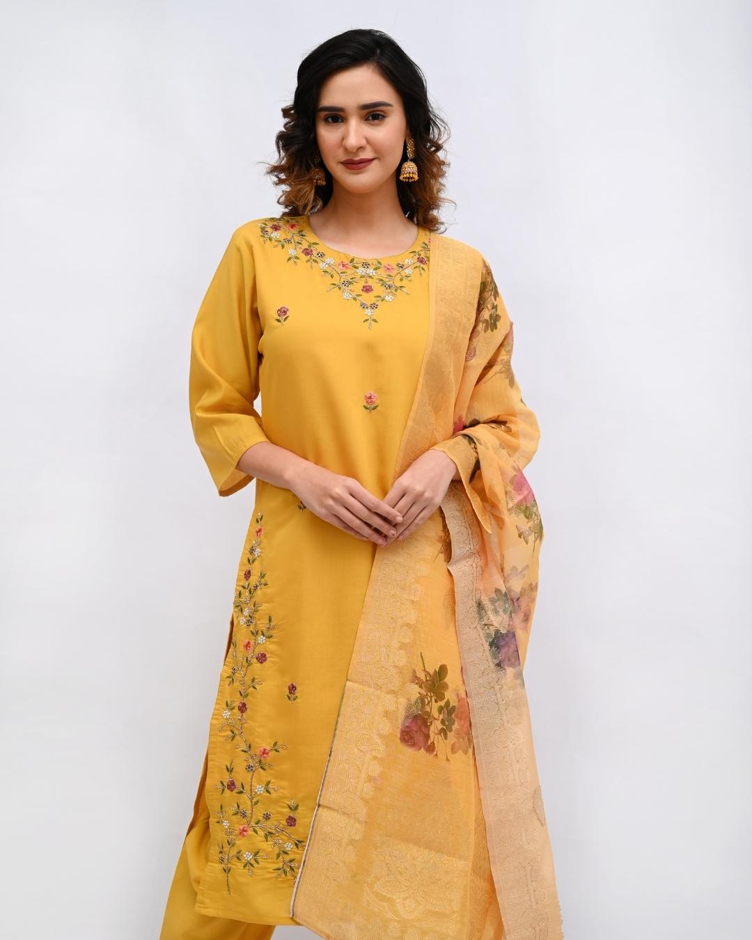 Yellow embroidered suit with floral organza dupatta