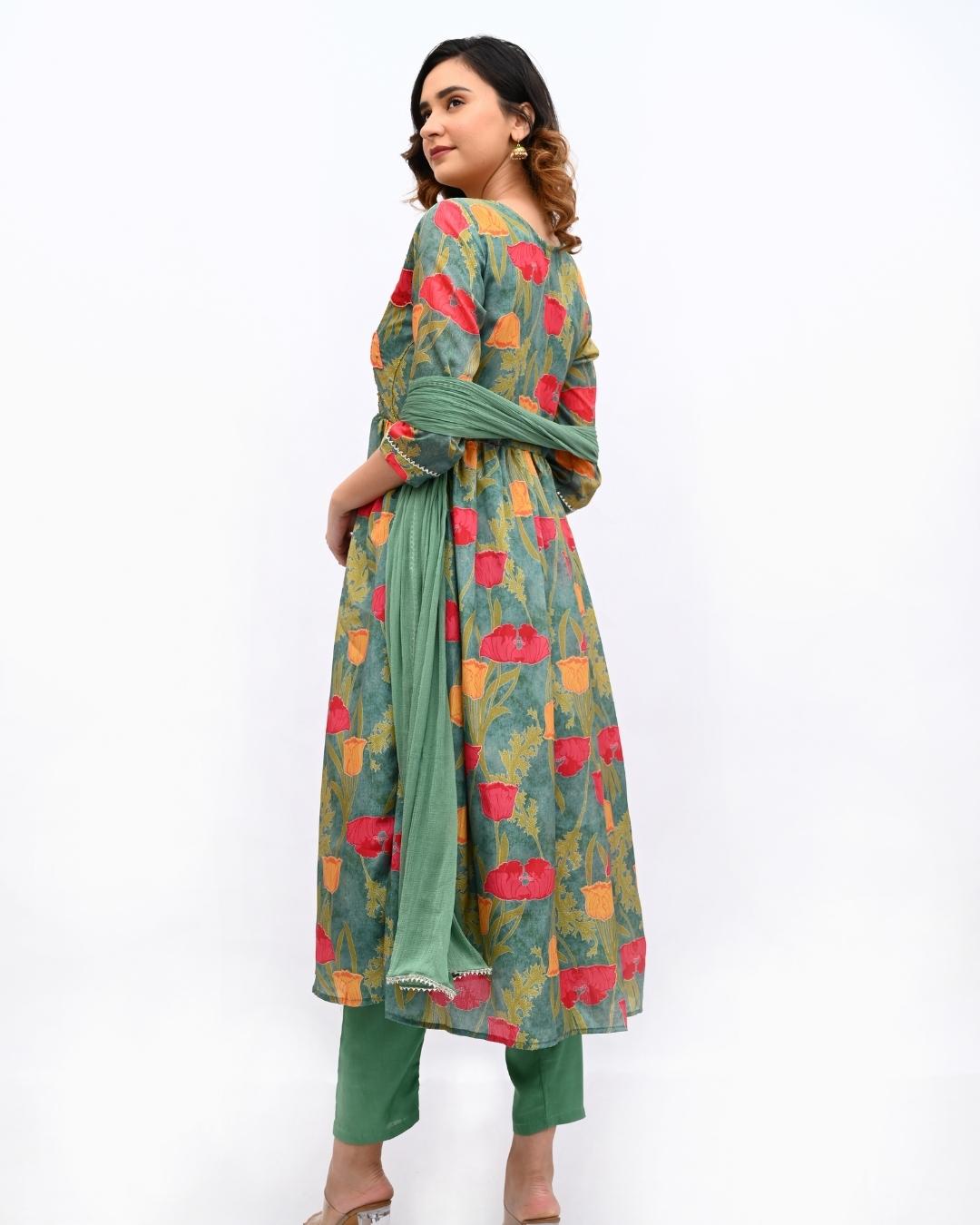 Green floral Anarkali set