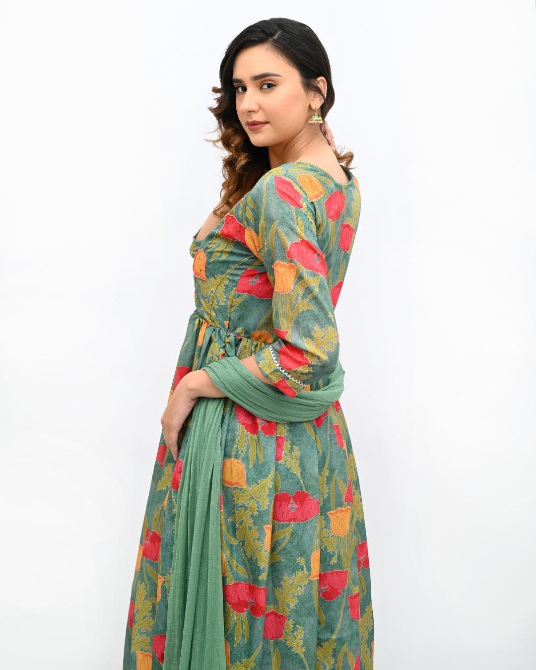 Green floral Anarkali set