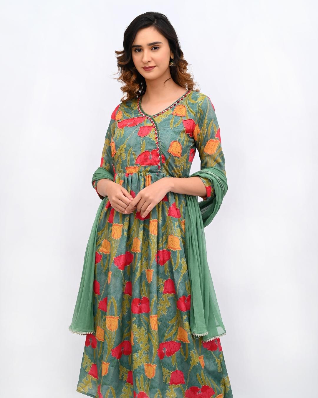 Green floral Anarkali set
