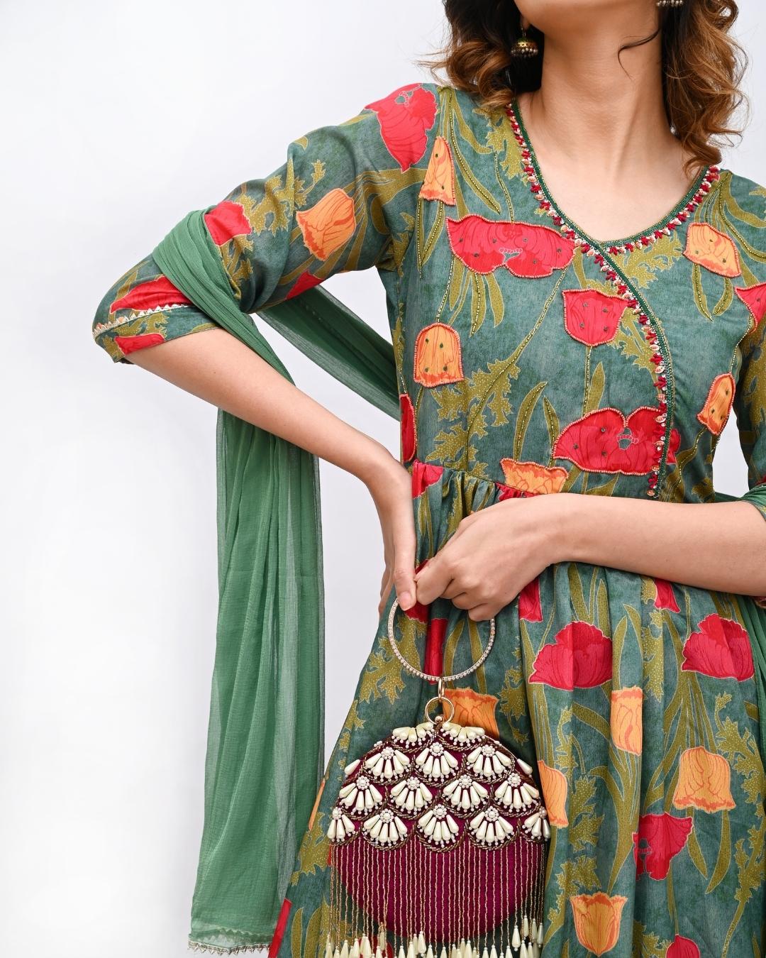 Green floral Anarkali set