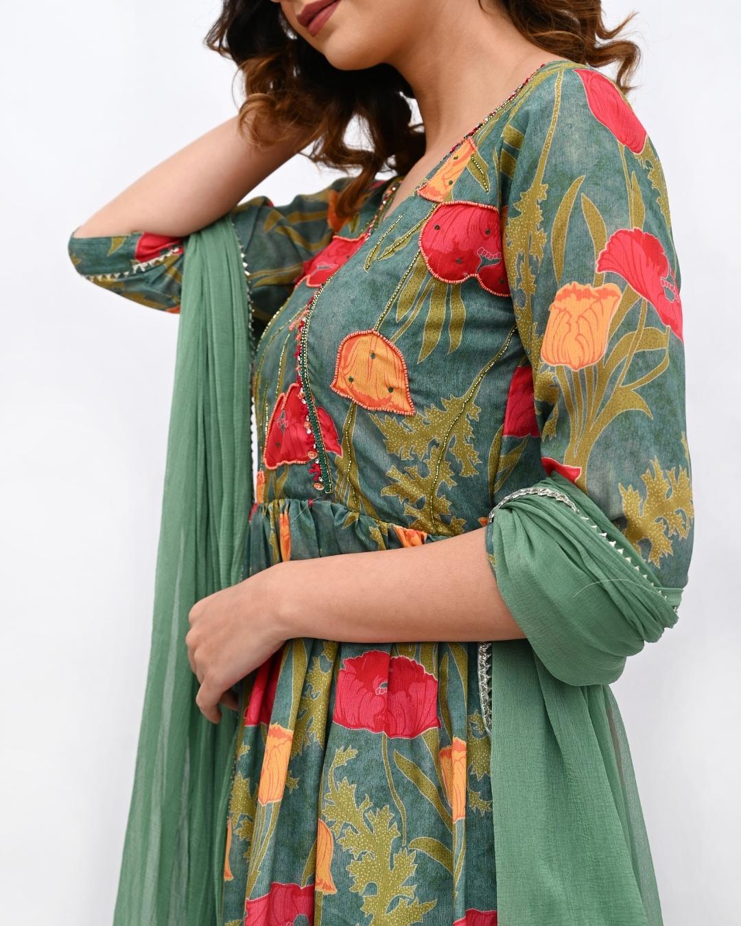 Green floral Anarkali set