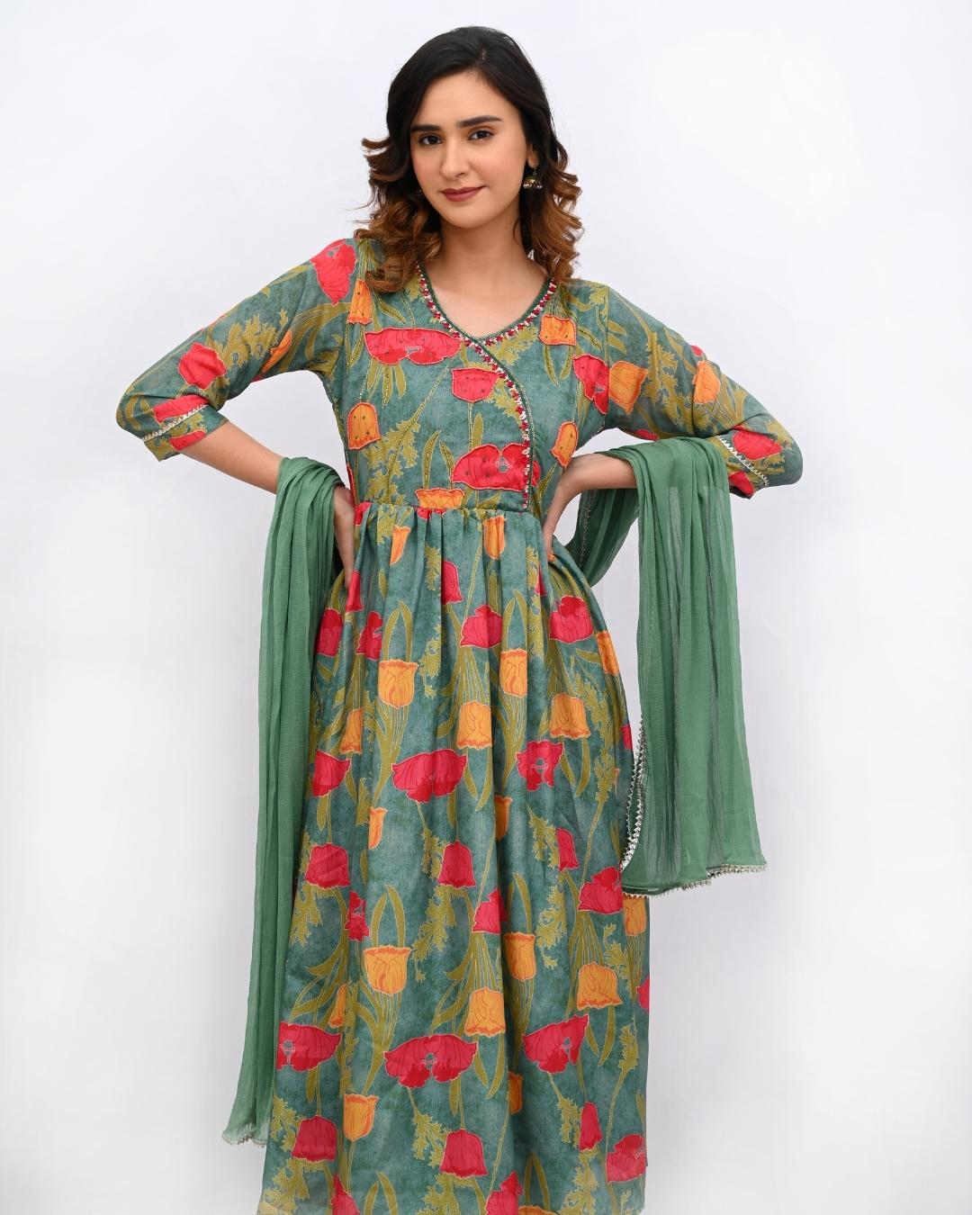 Green floral Anarkali set