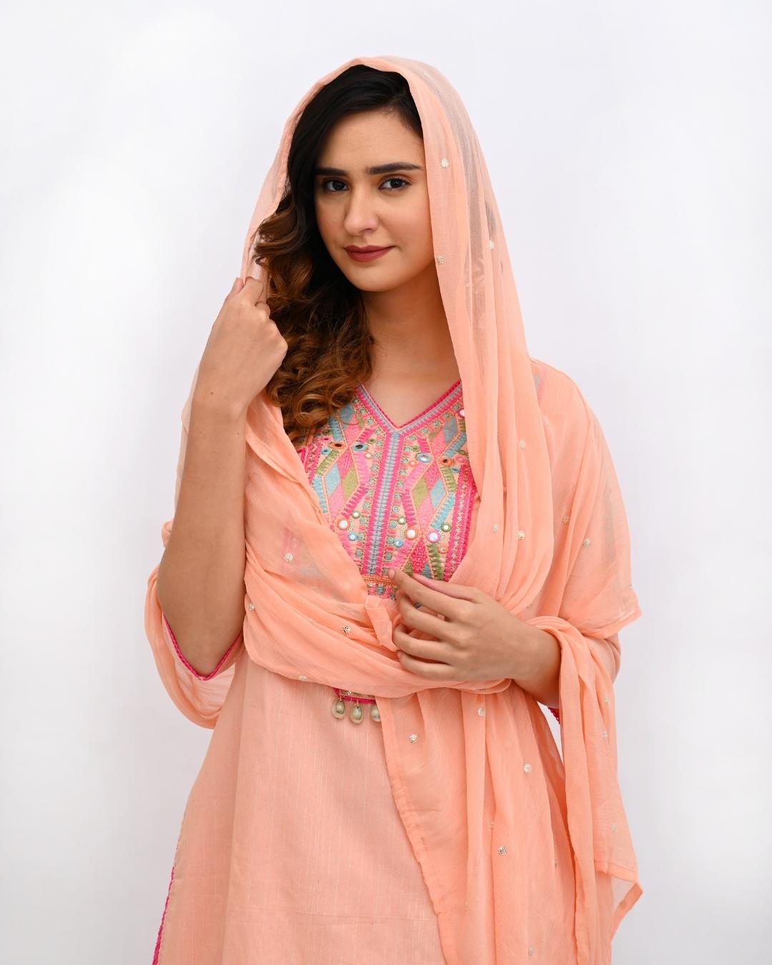 Peach and Pink suit set with bag