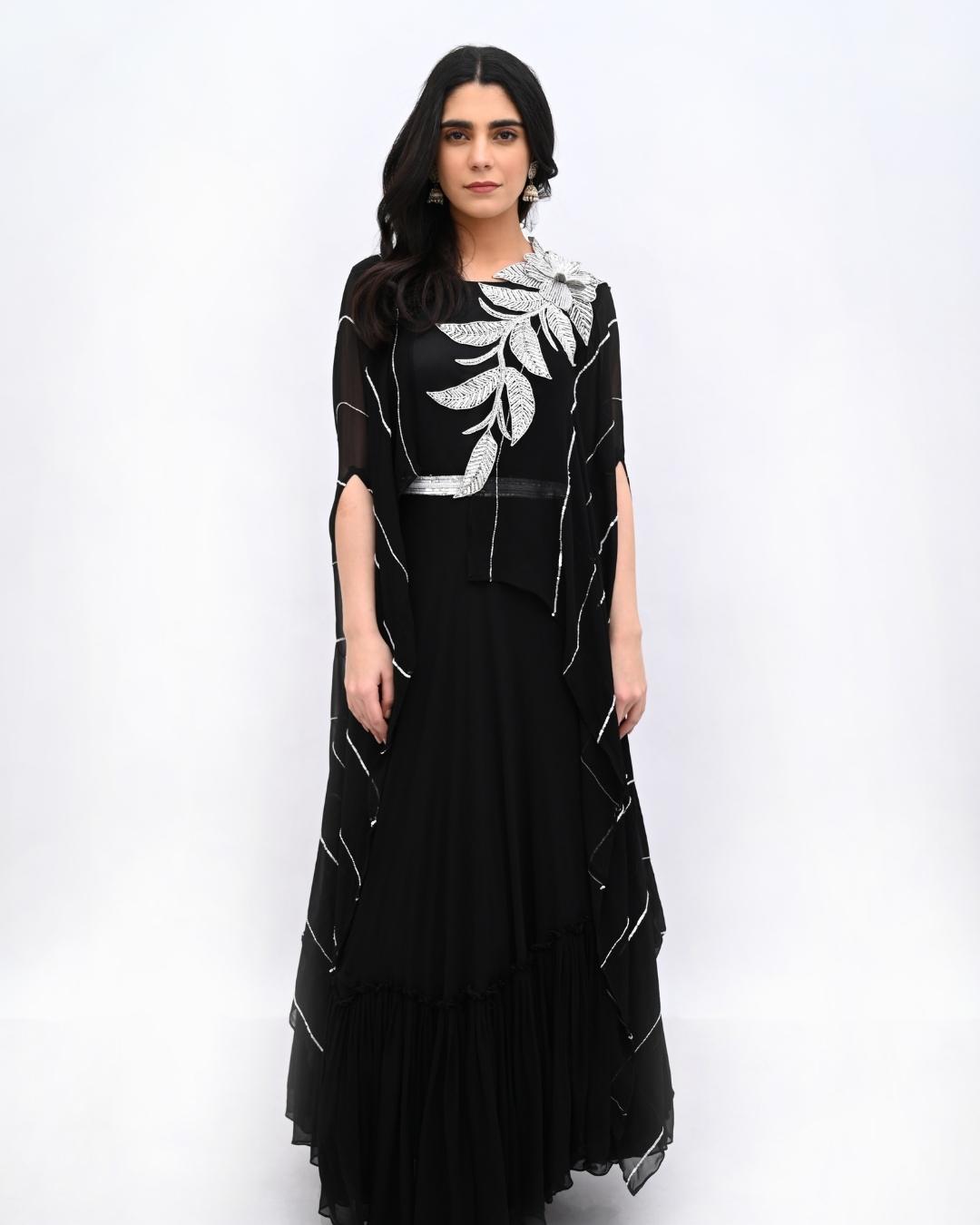 Black flared gown with silver stonework