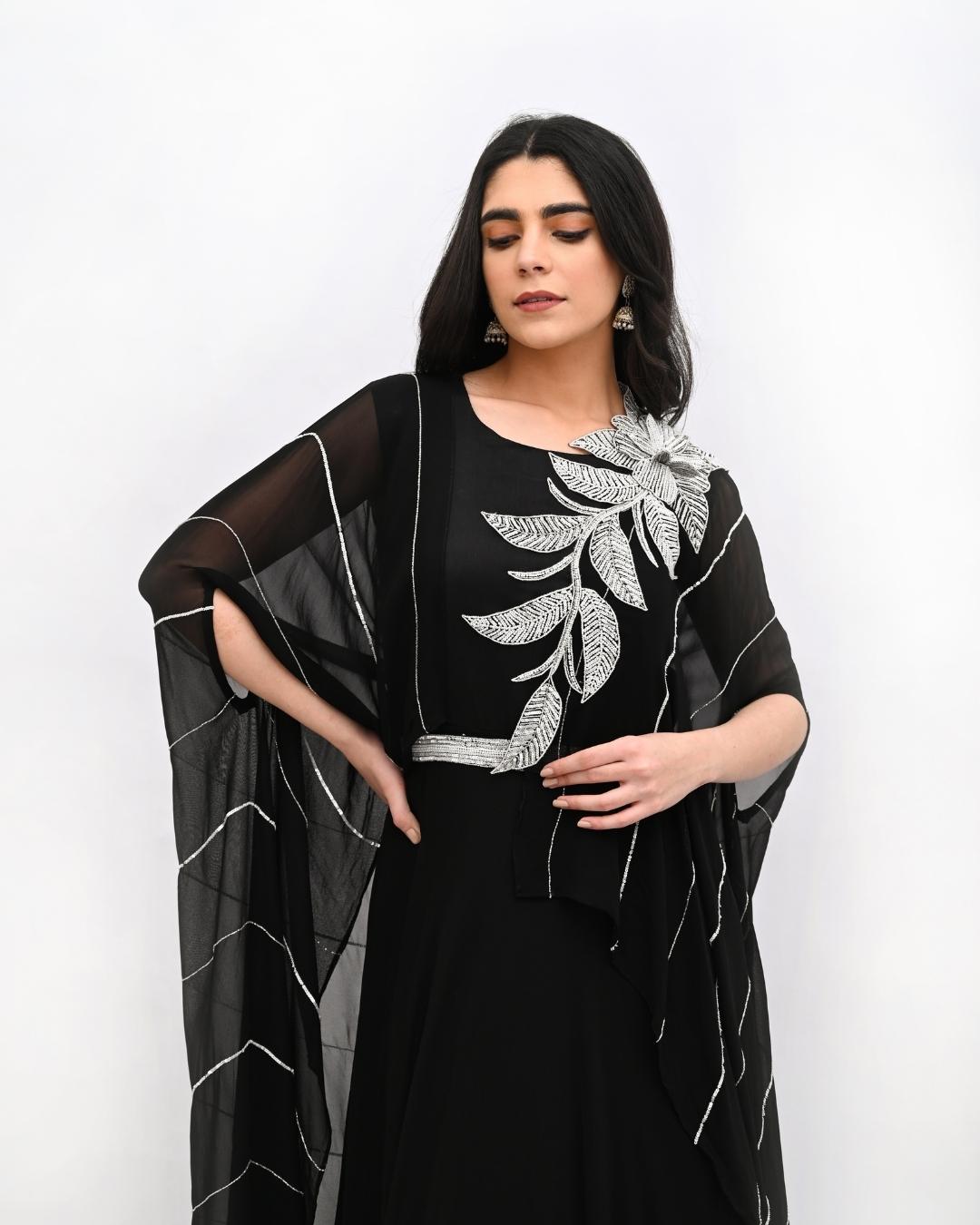 Black flared gown with silver stonework