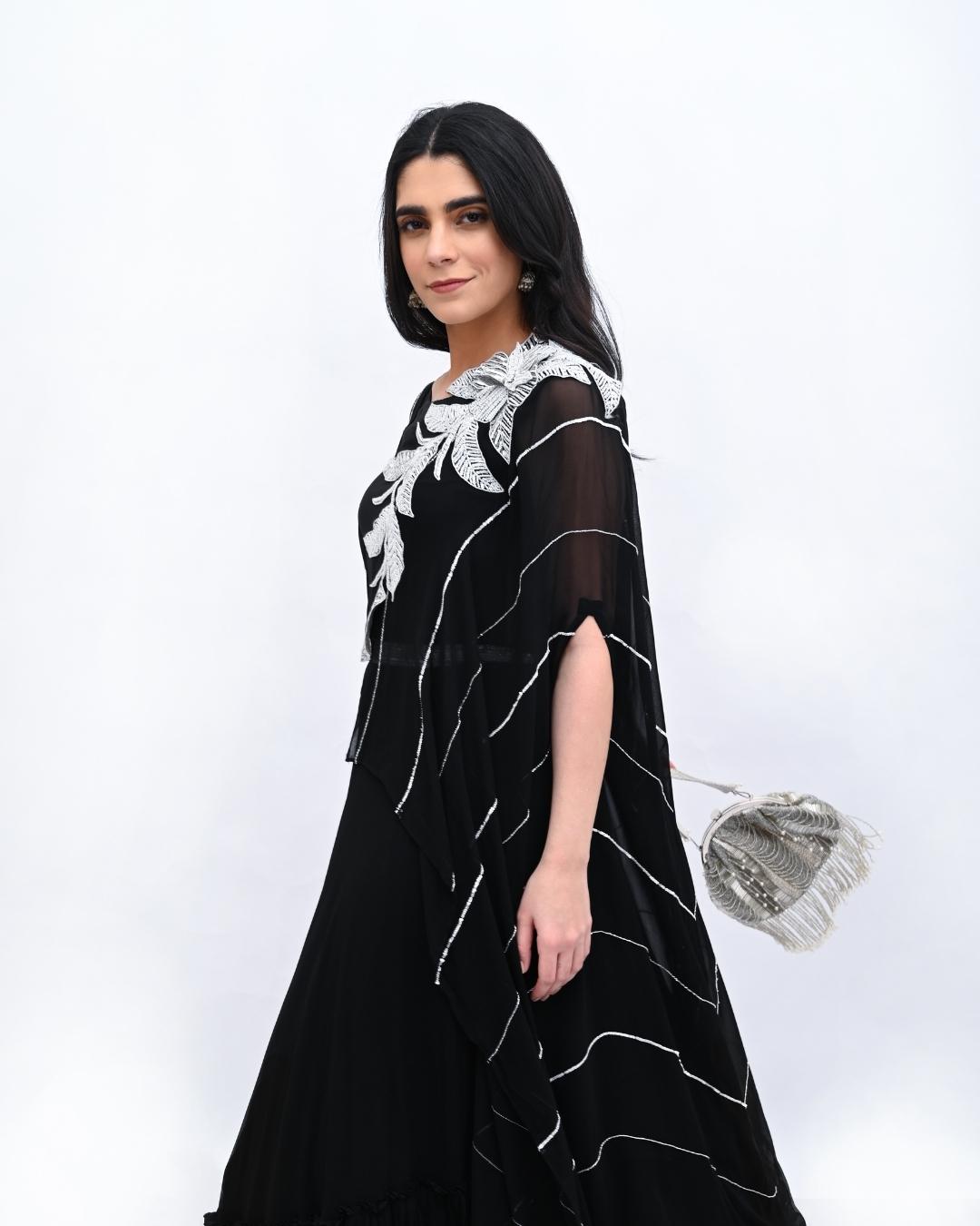 Black flared gown with silver stonework