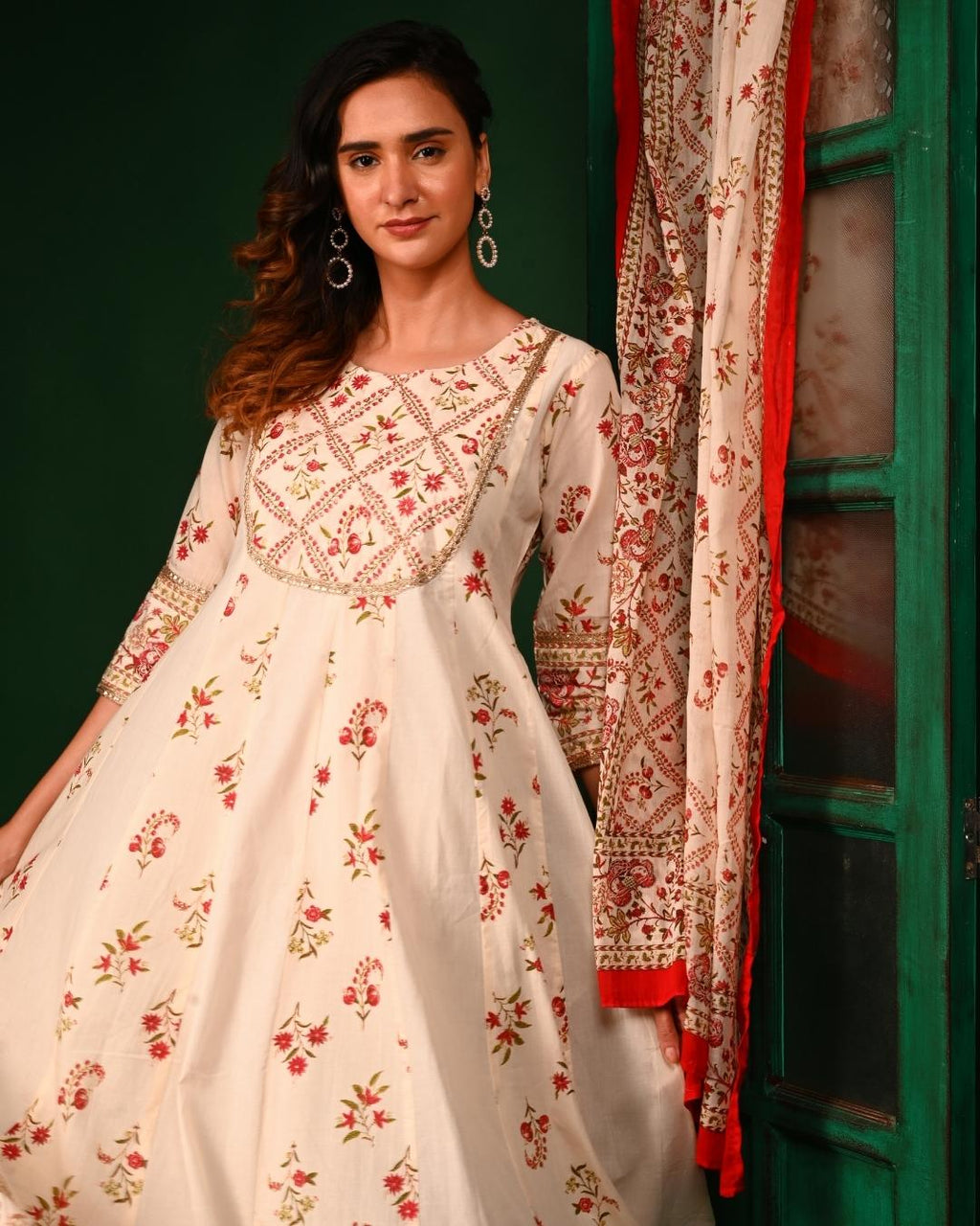 White and Red Floral Anarkali