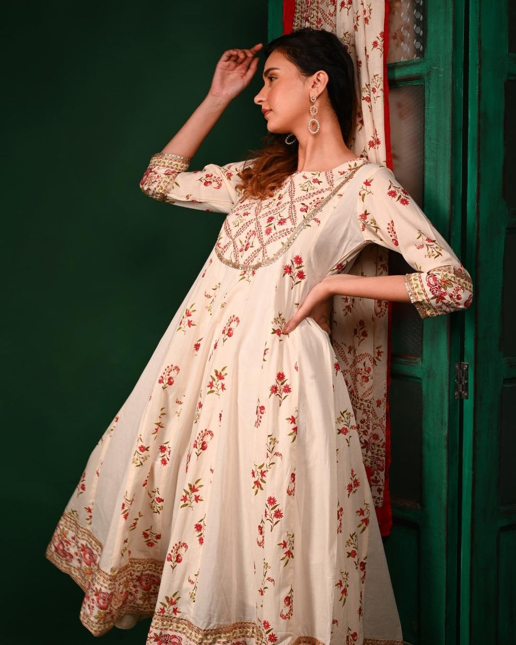 White and Red Floral Anarkali