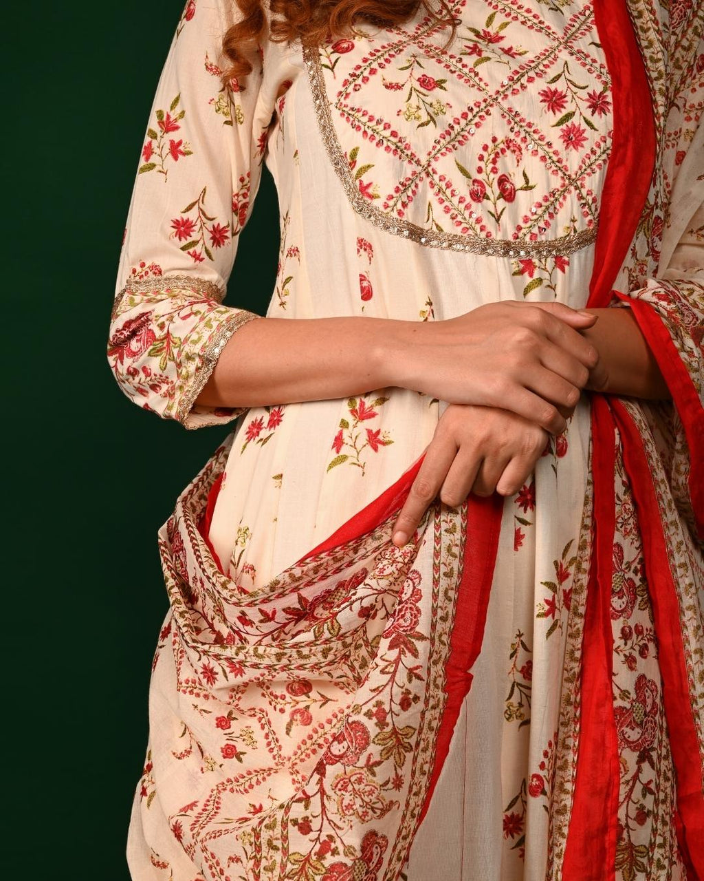 White and Red Floral Anarkali
