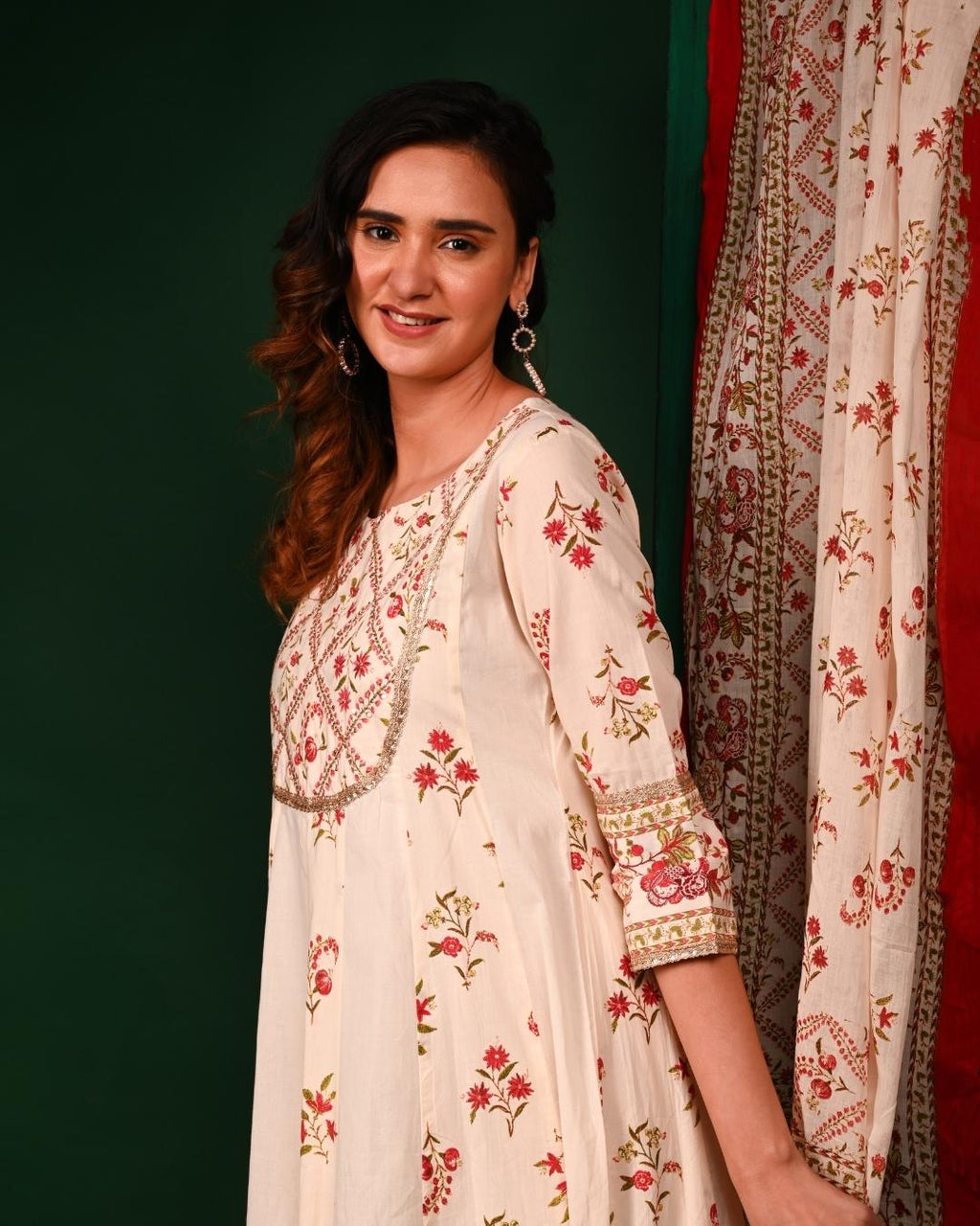 White and Red Floral Anarkali
