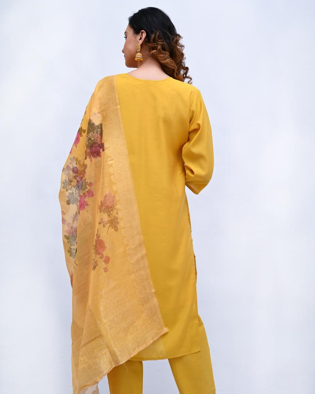 Yellow embroidered suit with floral organza dupatta