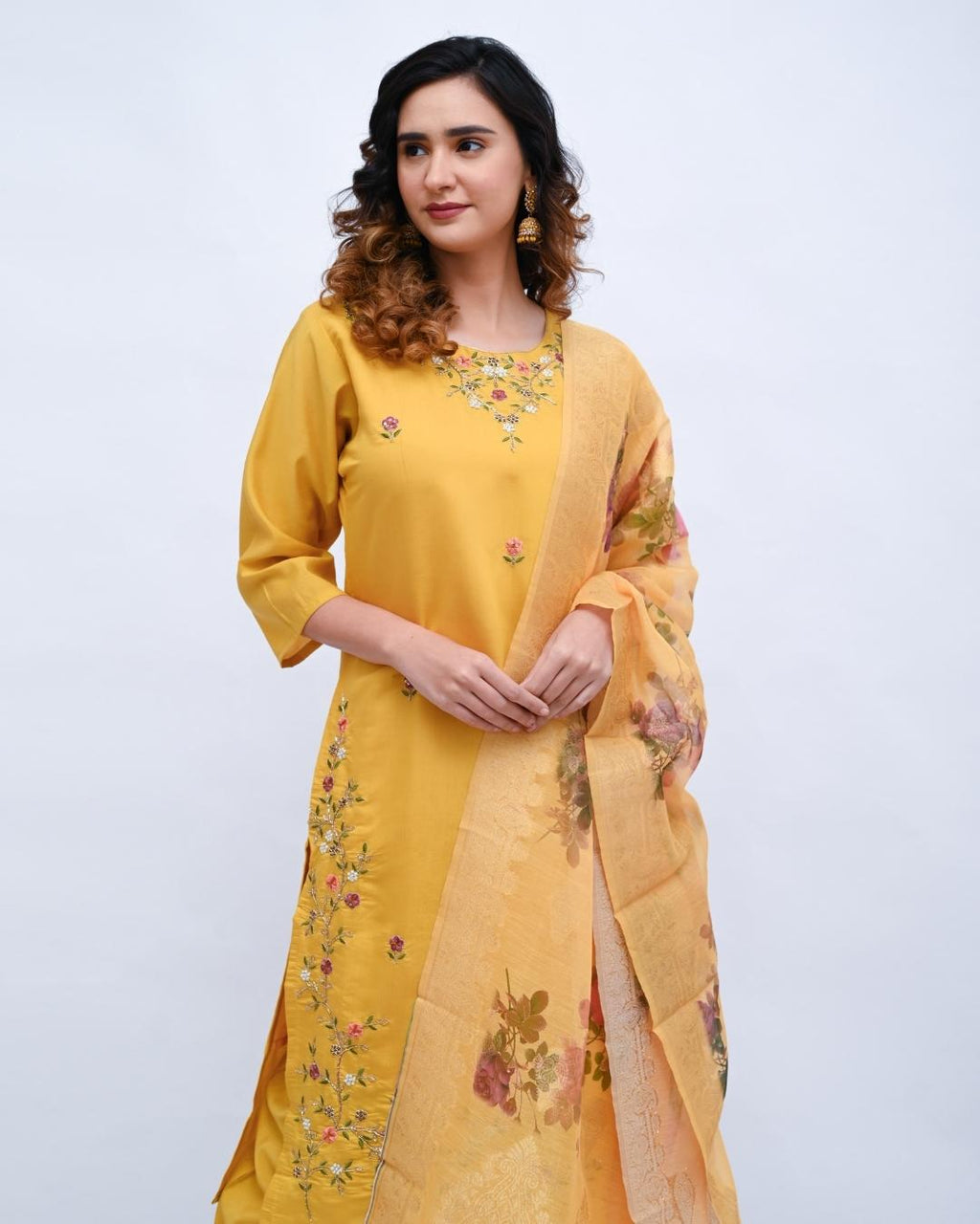 Yellow embroidered suit with floral organza dupatta