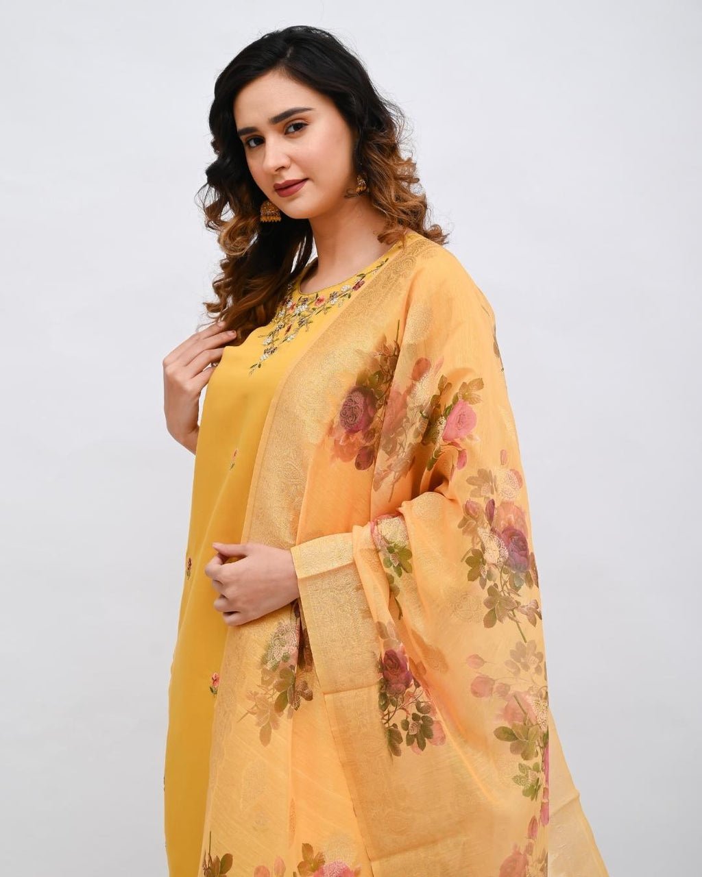 Yellow embroidered suit with floral organza dupatta
