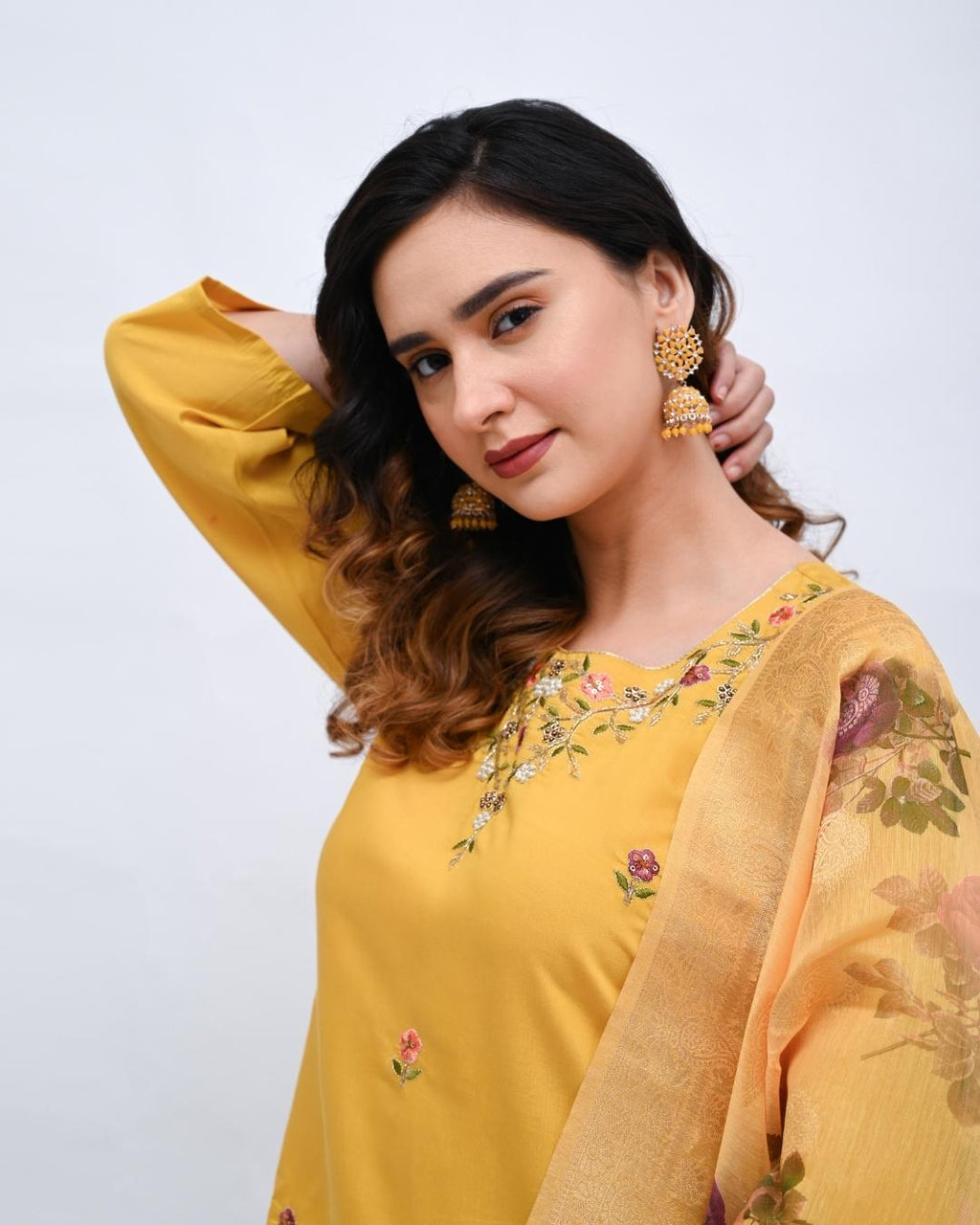 Yellow embroidered suit with floral organza dupatta