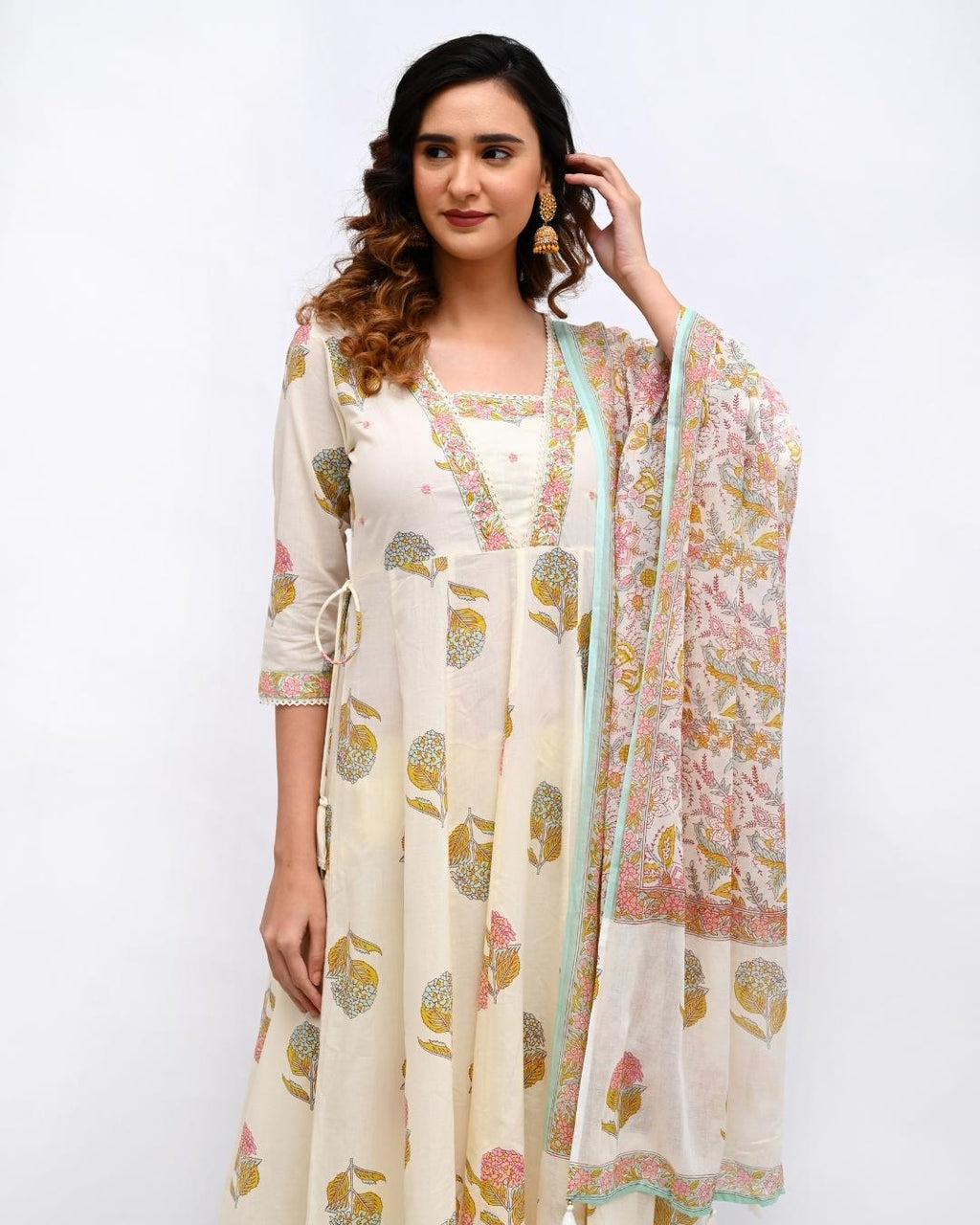 White Floral V Neck Anarkali