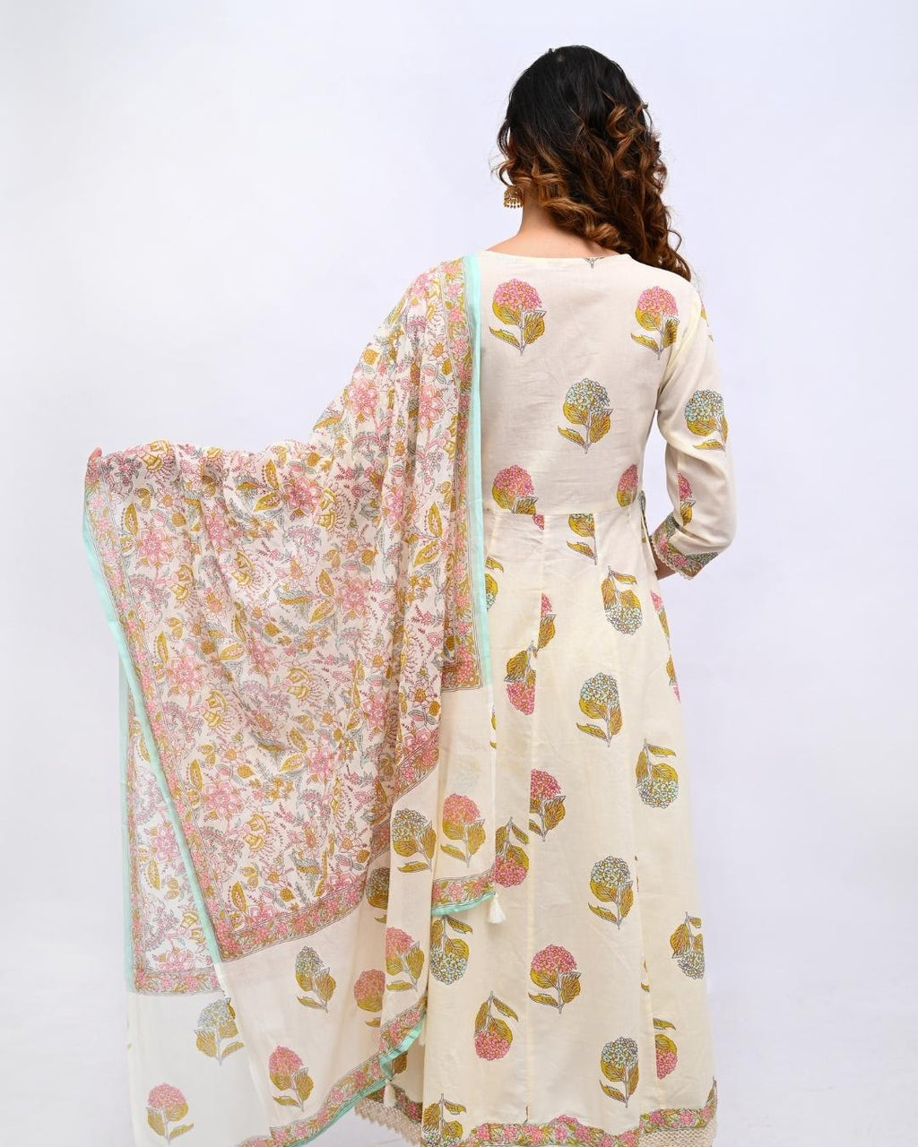 White Floral V Neck Anarkali