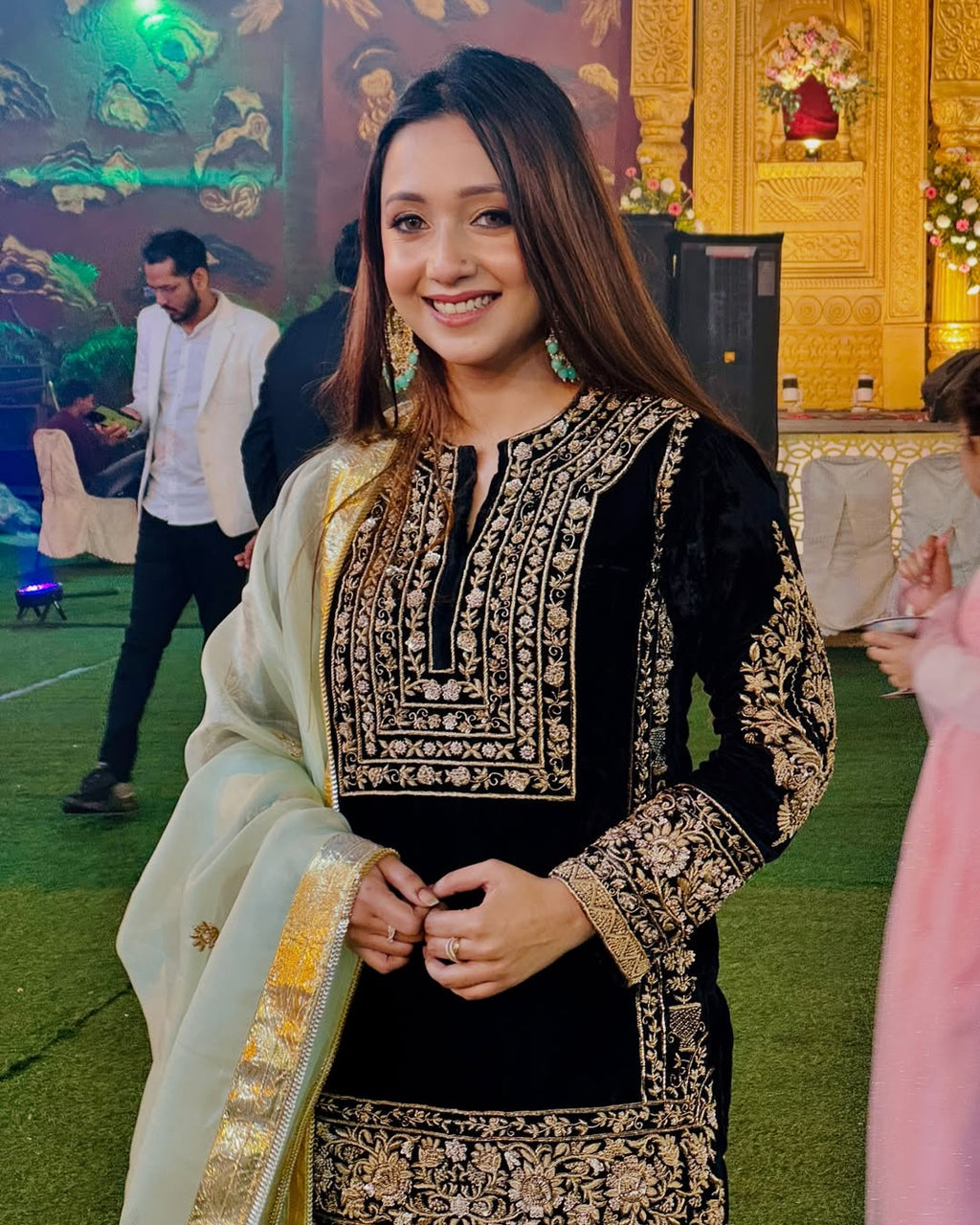 Black Velvet Embroidered Kurta Set with Dupatta - Handcrafted Festive Wear by Vee Couture