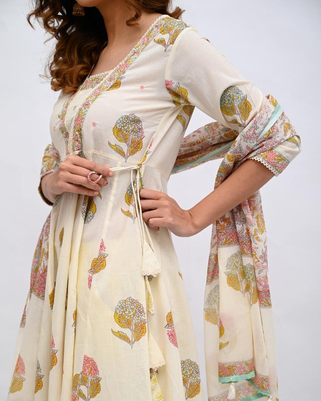 White Floral V Neck Anarkali