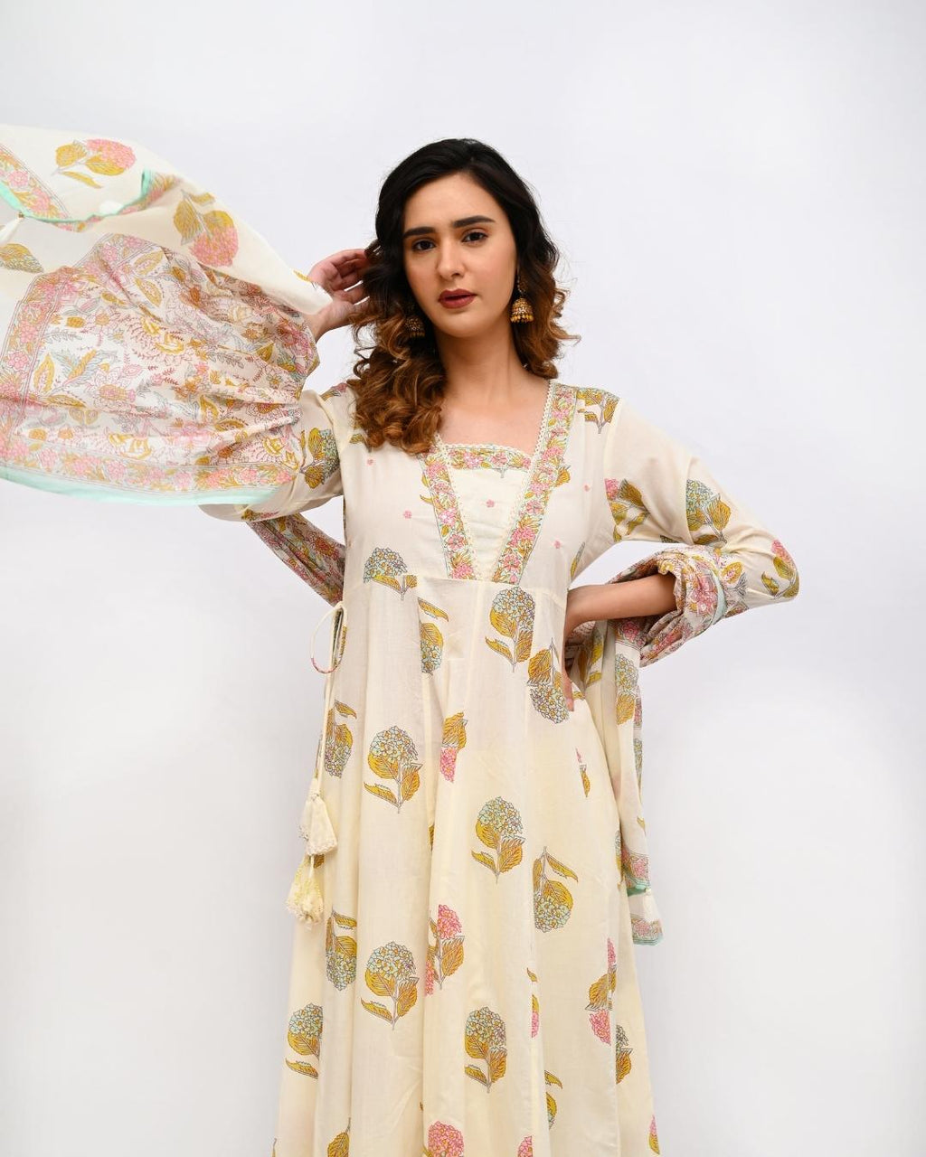 White Floral V Neck Anarkali