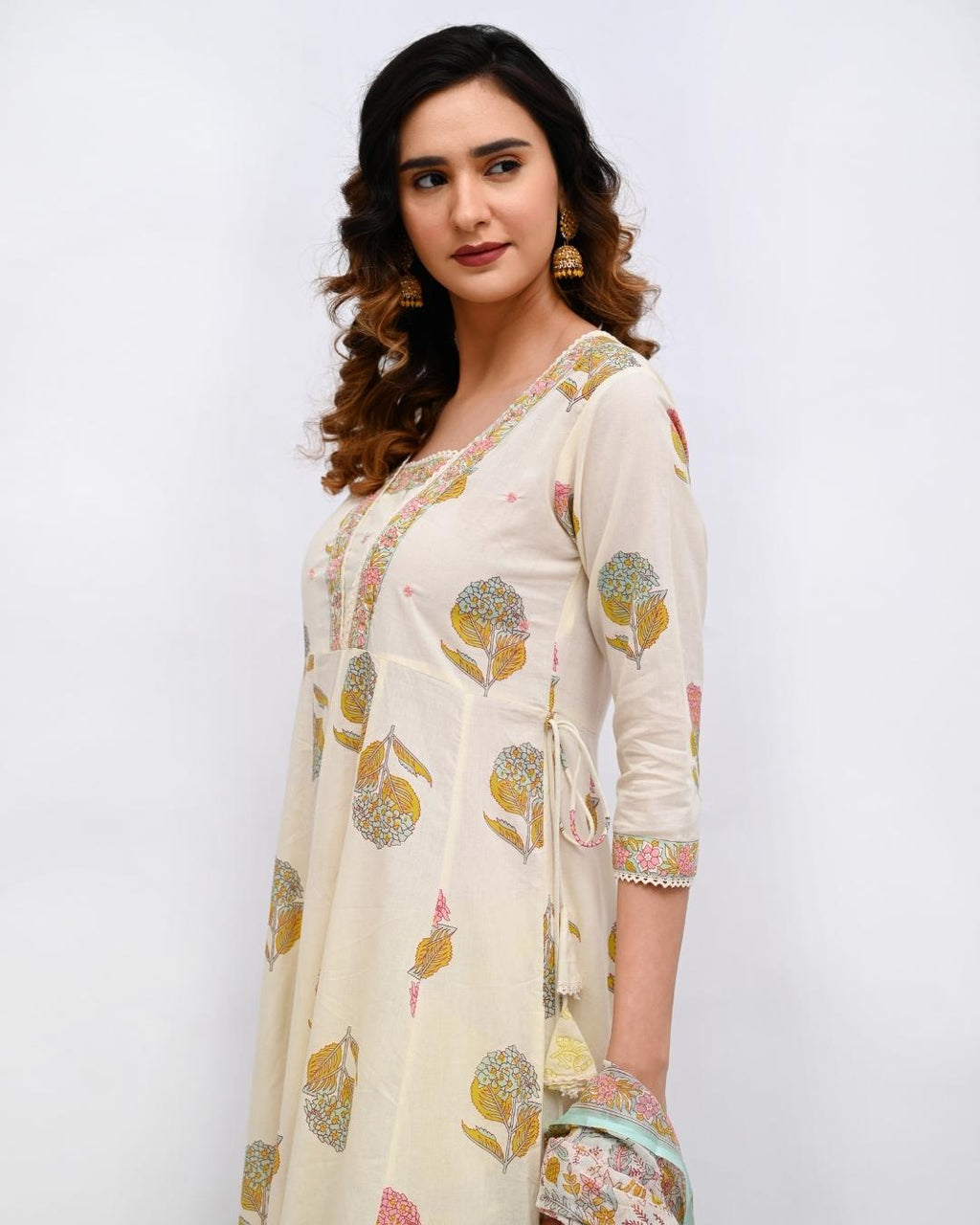 White Floral V Neck Anarkali