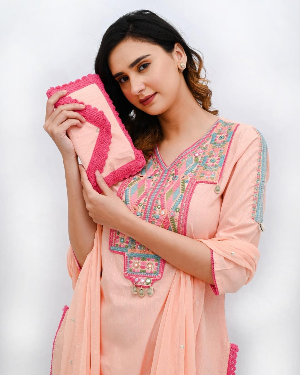 Peach and Pink suit set with bag