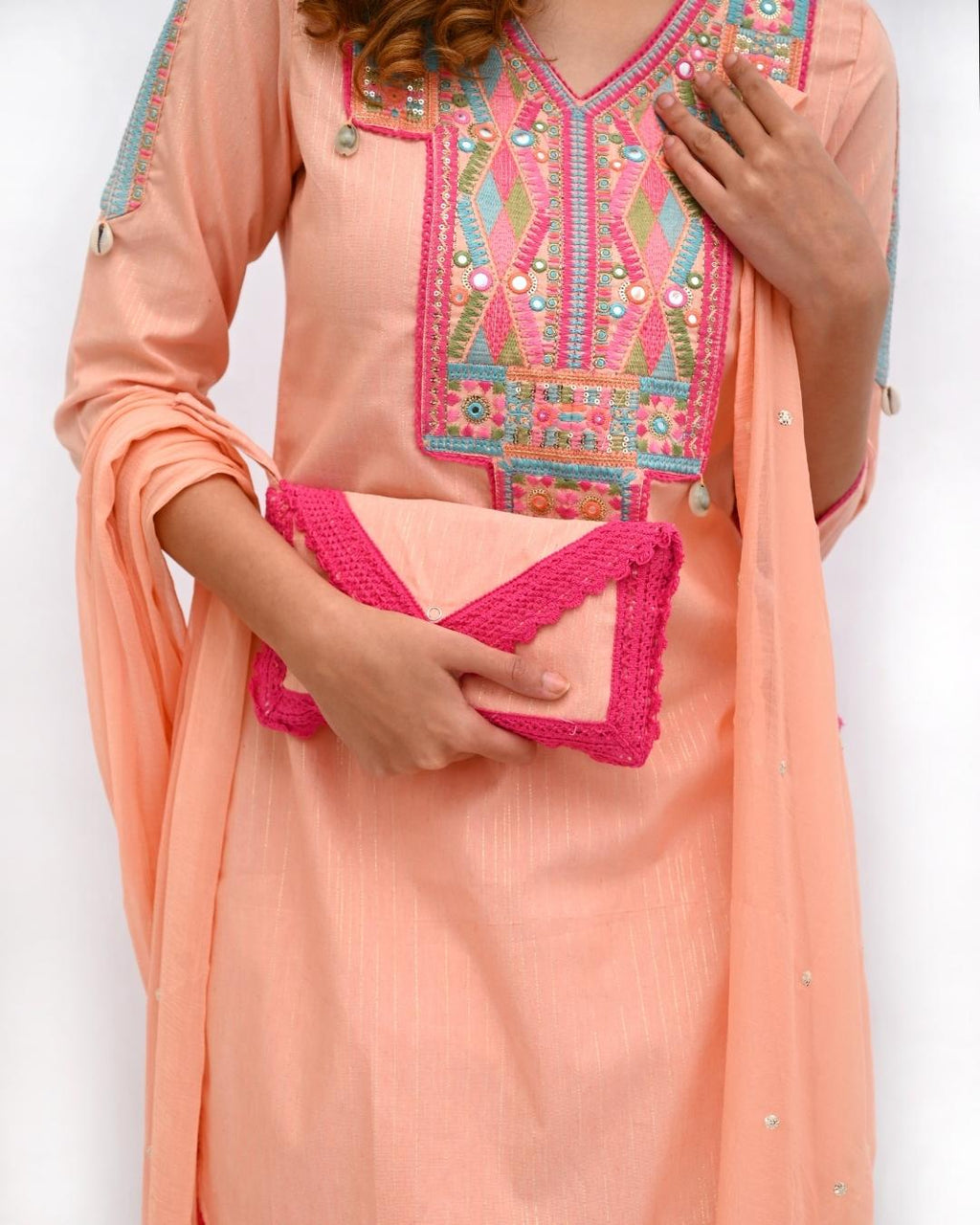 Peach and Pink suit set with bag