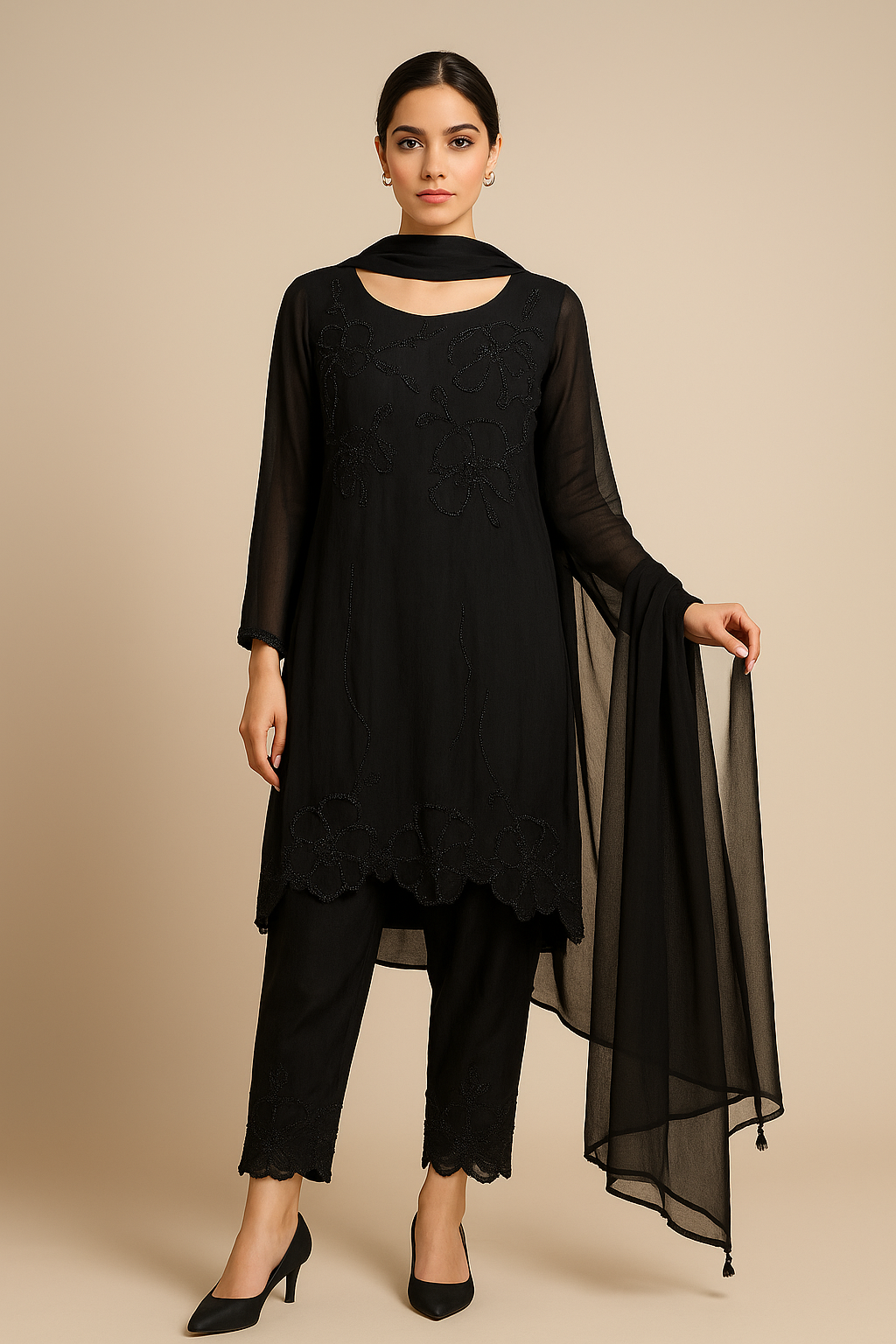 BLACK SELF EMBELLISHED SUIT