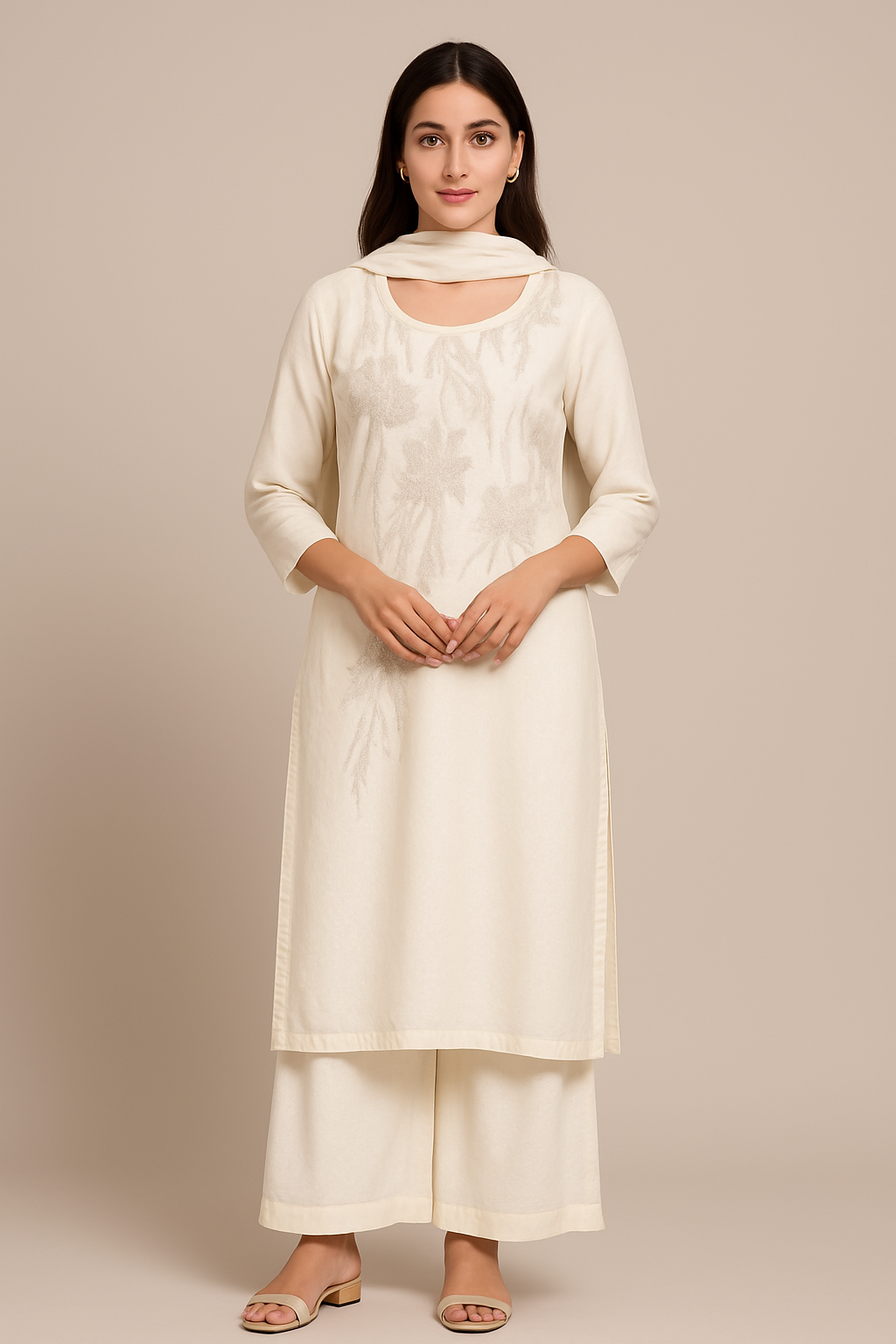 IVORY DROP FLORAL SELF WORK PLAZO