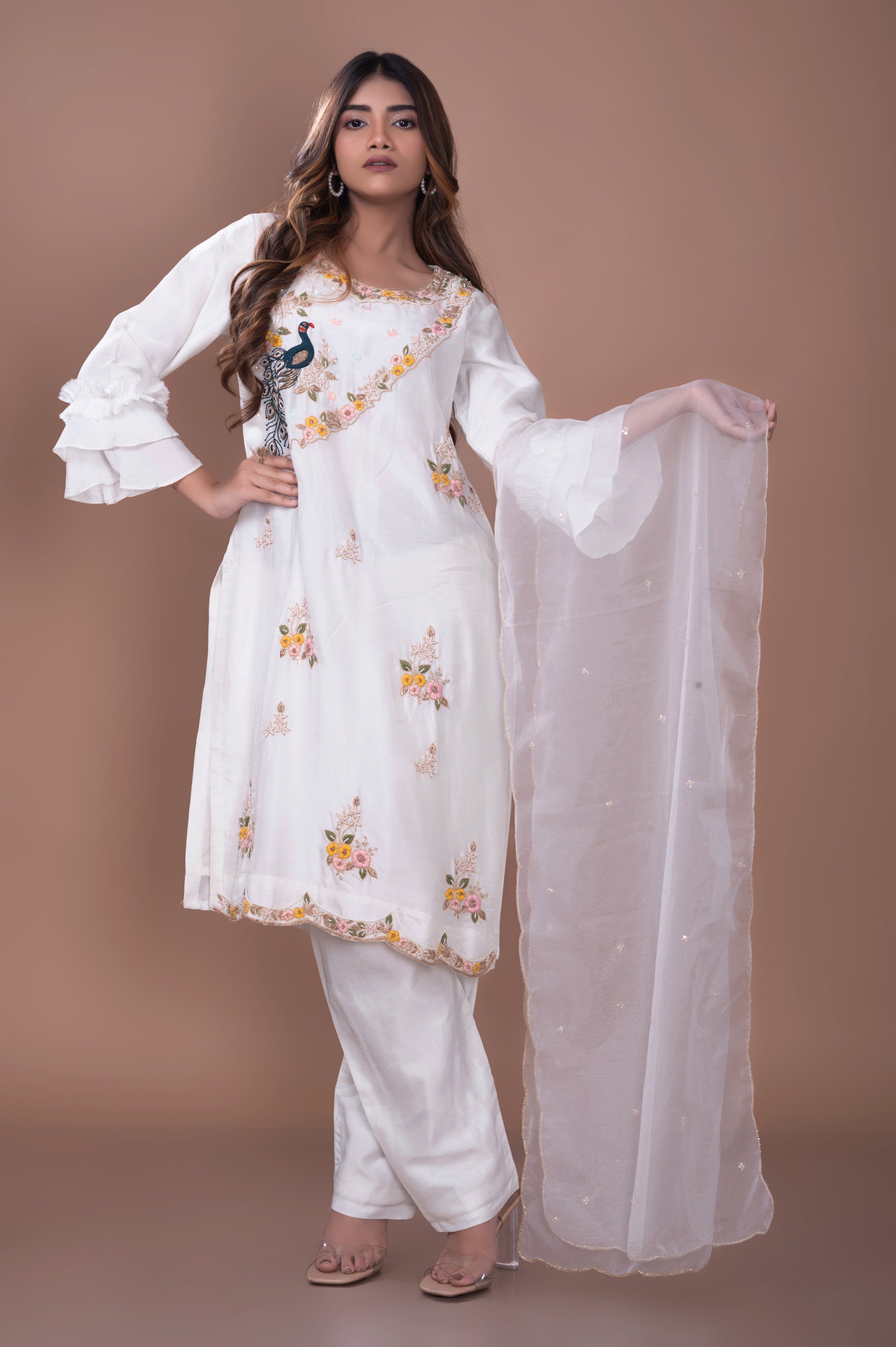 WHITE DOLA SILK PEACOCK EMBRIODERY