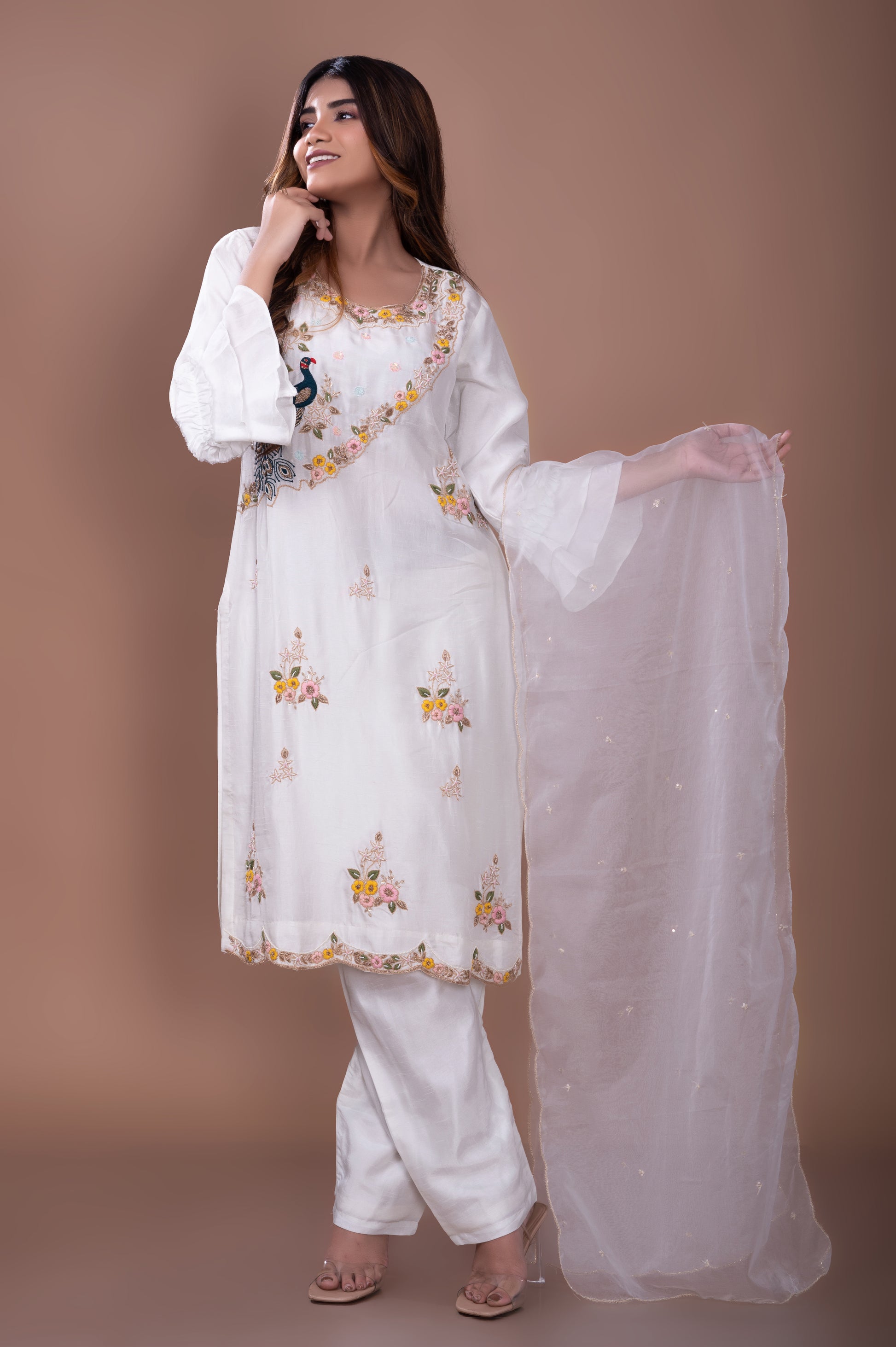 WHITE DOLA SILK PEACOCK EMBRIODERY